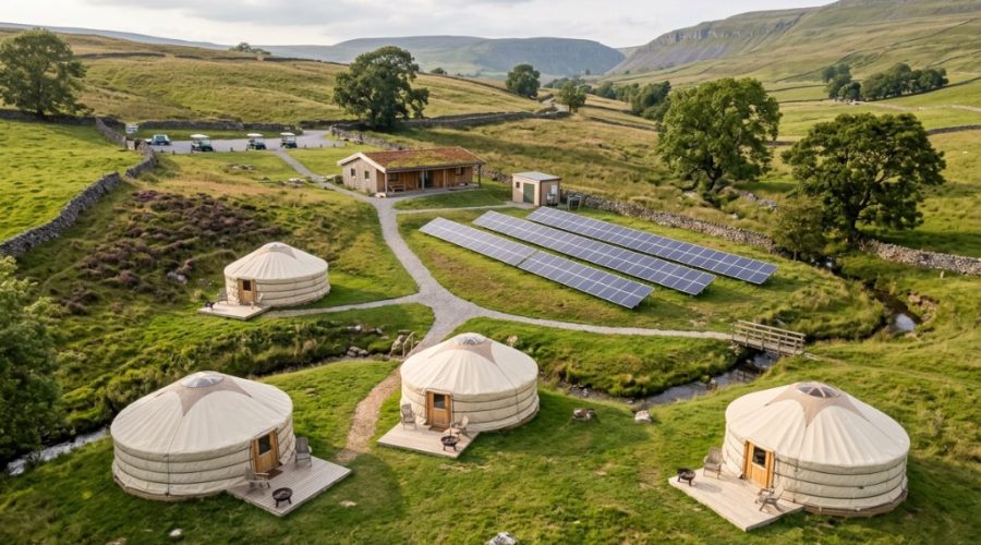 UK off-grid glamping site with yurts and ground-mounted solar panel array